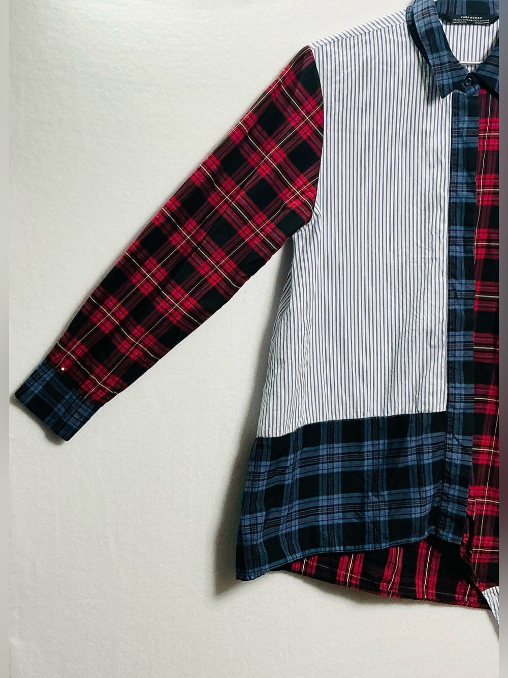 ZARA Mixed Patchwork Plaid & Striped Button Down Shirt - Size M - Picture 6 of 9